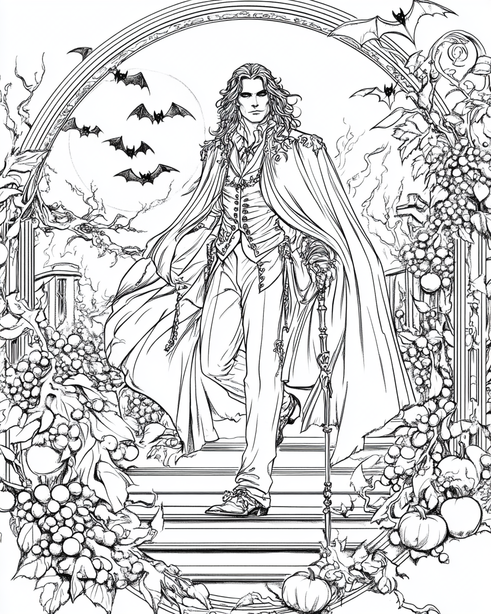 Handsome Dracula in Victorian attire on spooky mansion stairway.