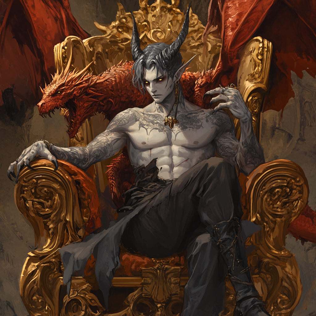 Handsome Graz'zt on gold throne with red dragon.