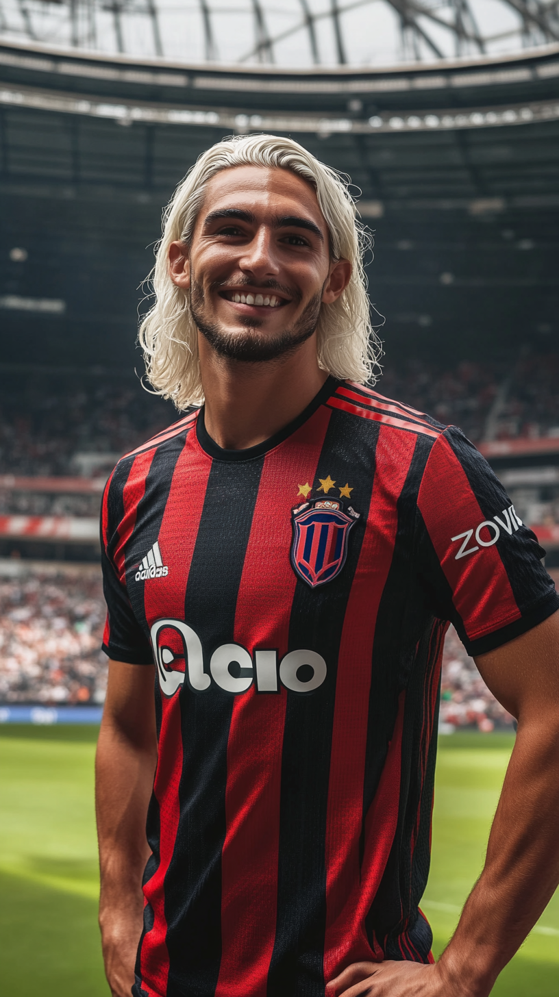 Handsome Italian guy in AC Milan uniform, smiling.