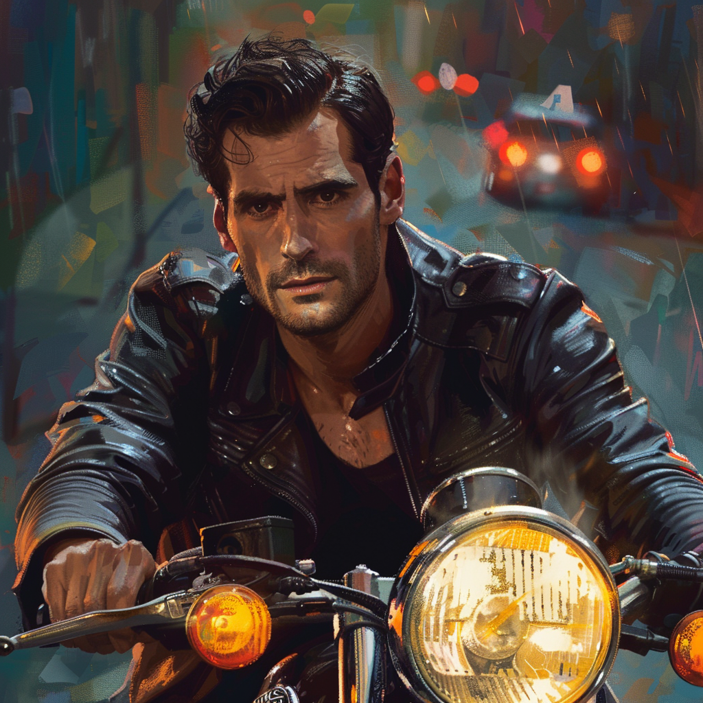 Handsome Man on Motorcycle in Cityscape