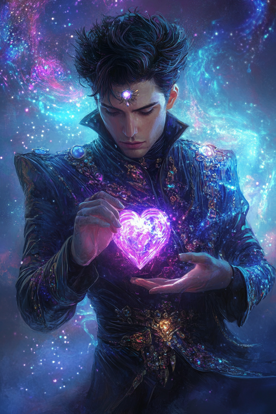 Handsome androgynous man with crystal heart in galaxy.