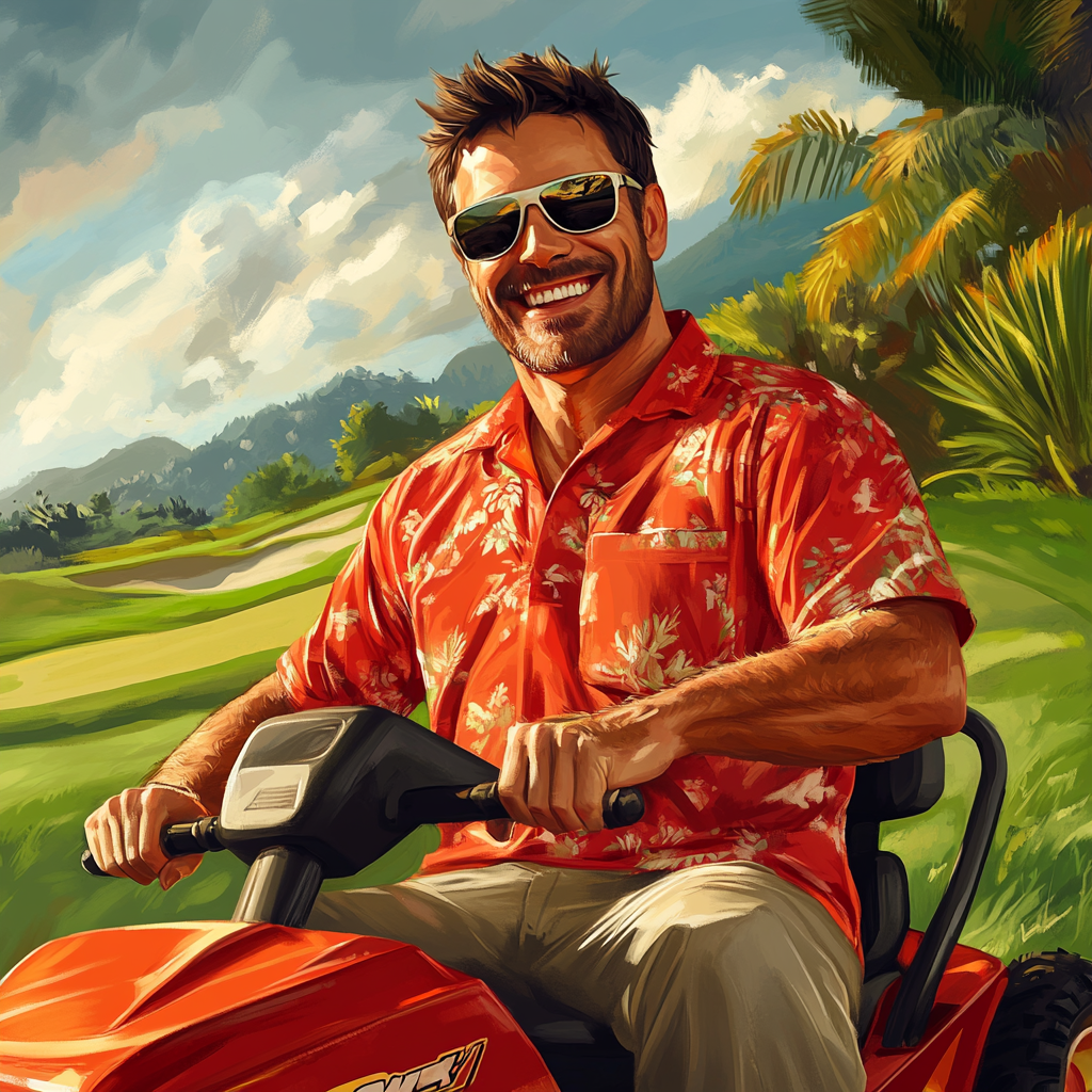 Handsome dad on lawn mower at golf course.