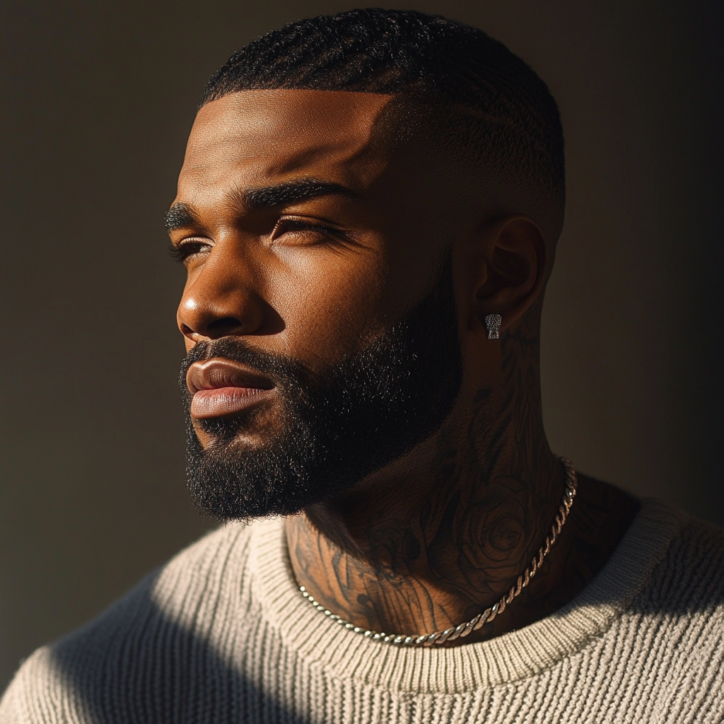 Handsome dark man with tattoos and Cuban chain necklace.