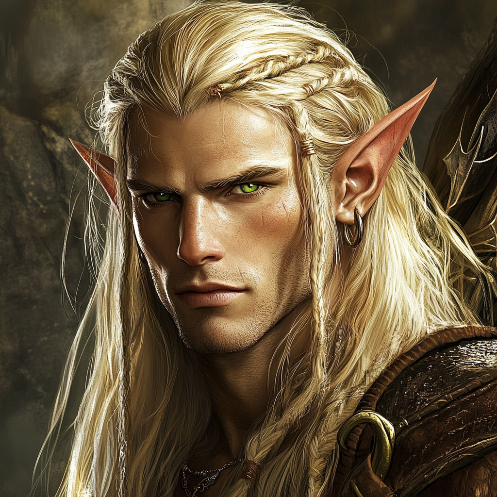 Handsome elven man with shocking green eyes and blondehair.