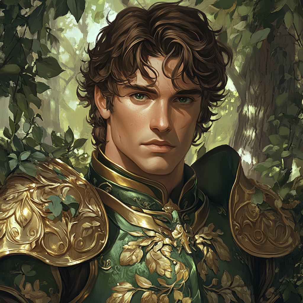 Handsome knight in forest wearing green and gold armor.