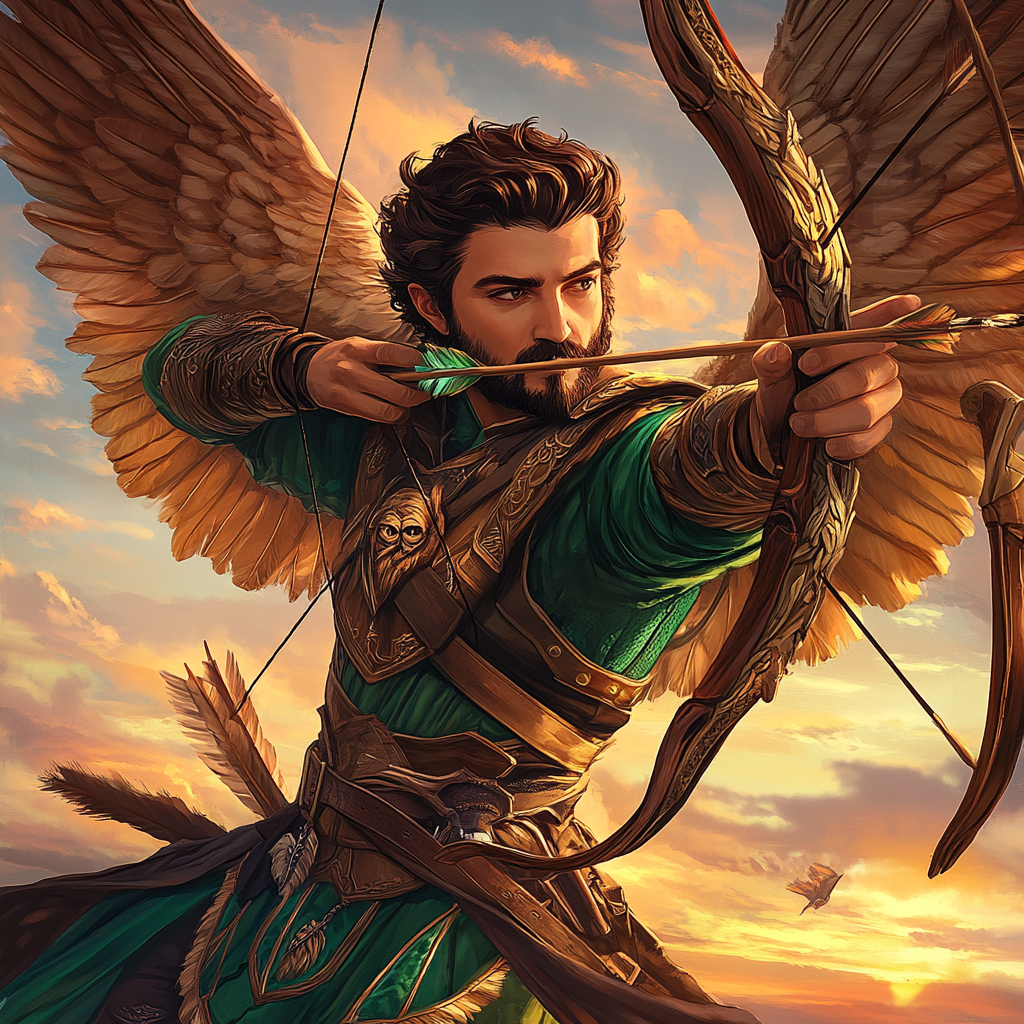 Handsome male Angel with beard, crown, and bow flying