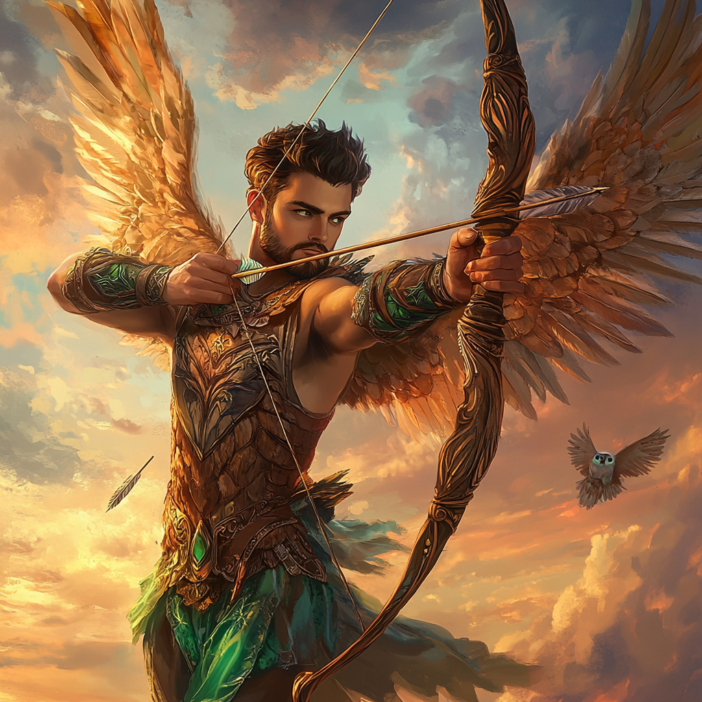 Handsome male Angel with short dark brown hair and hazel eyes, wearing fantasy green and brown clothes flying and shooting bow and arrow.