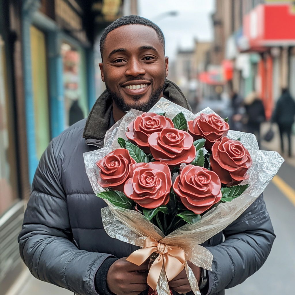 Handsome man gives chocolate rose bouquet to girlfriend joyfully.