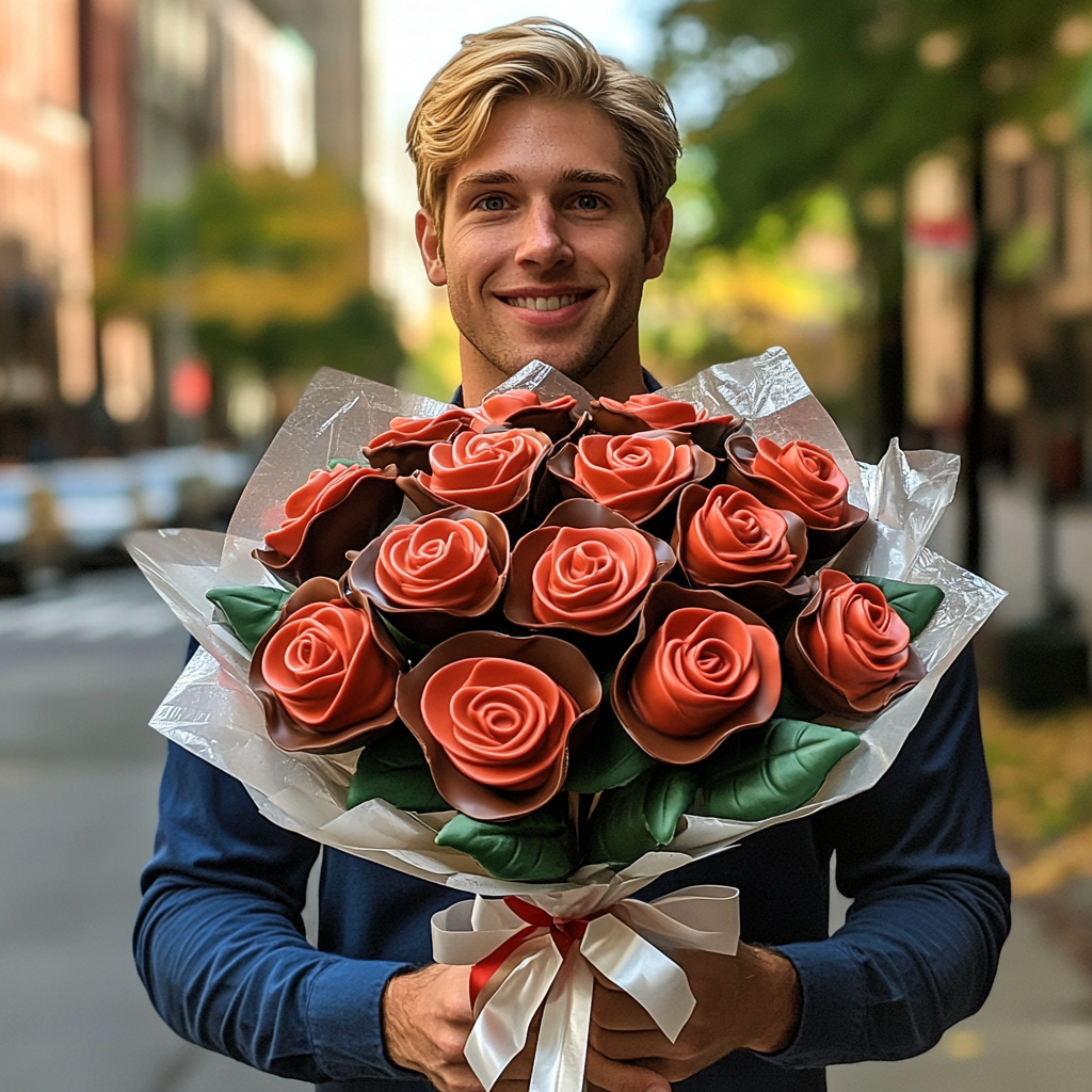 Handsome man giving bouquet of milk chocolate roses.