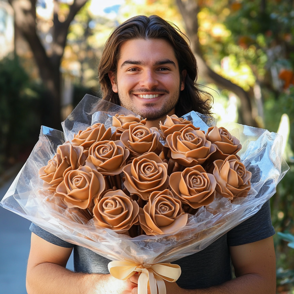 Handsome man giving chocolate bouquet to his girlfriend outdoors.