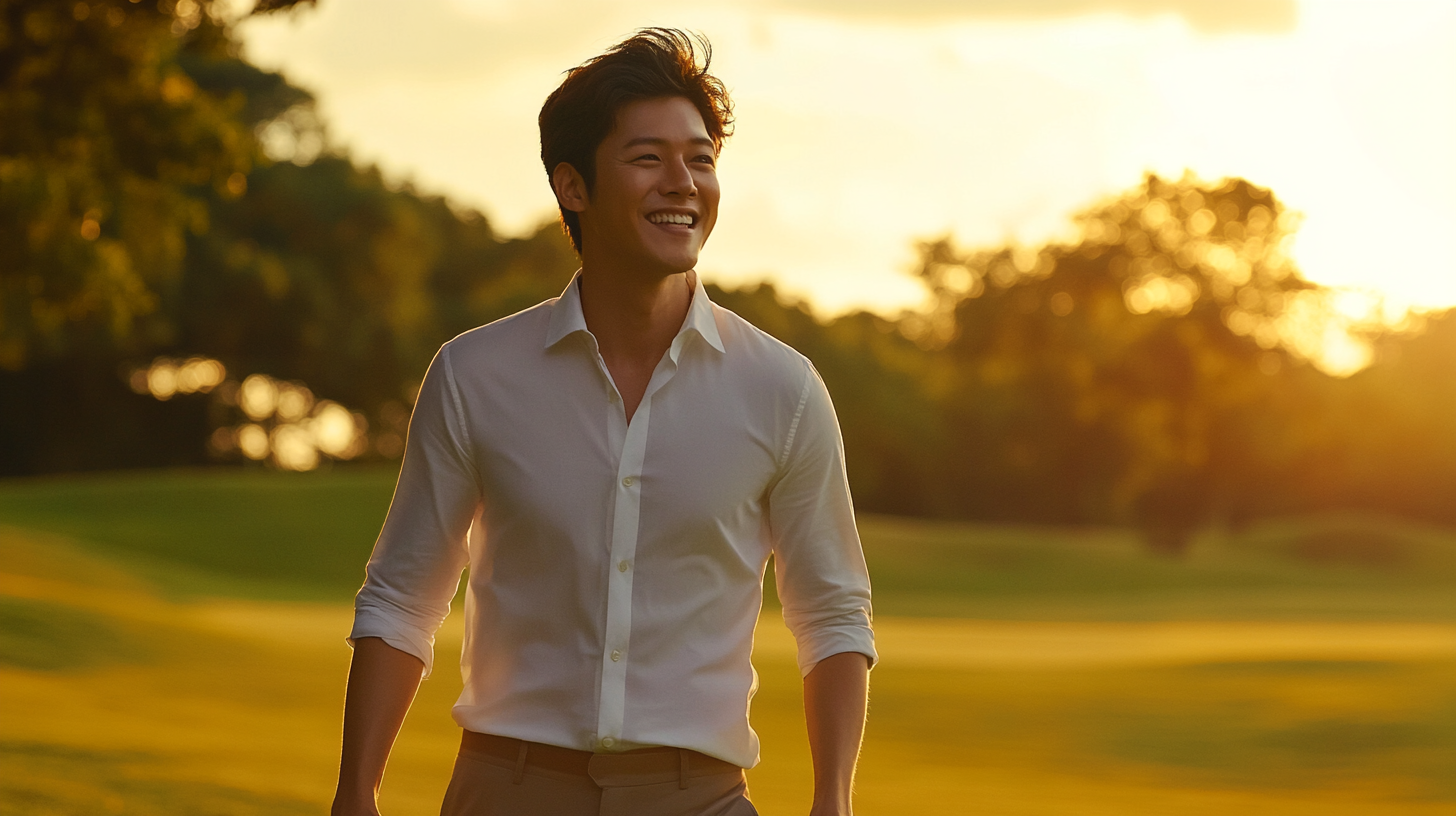 Handsome man in 30s walks on golf course.