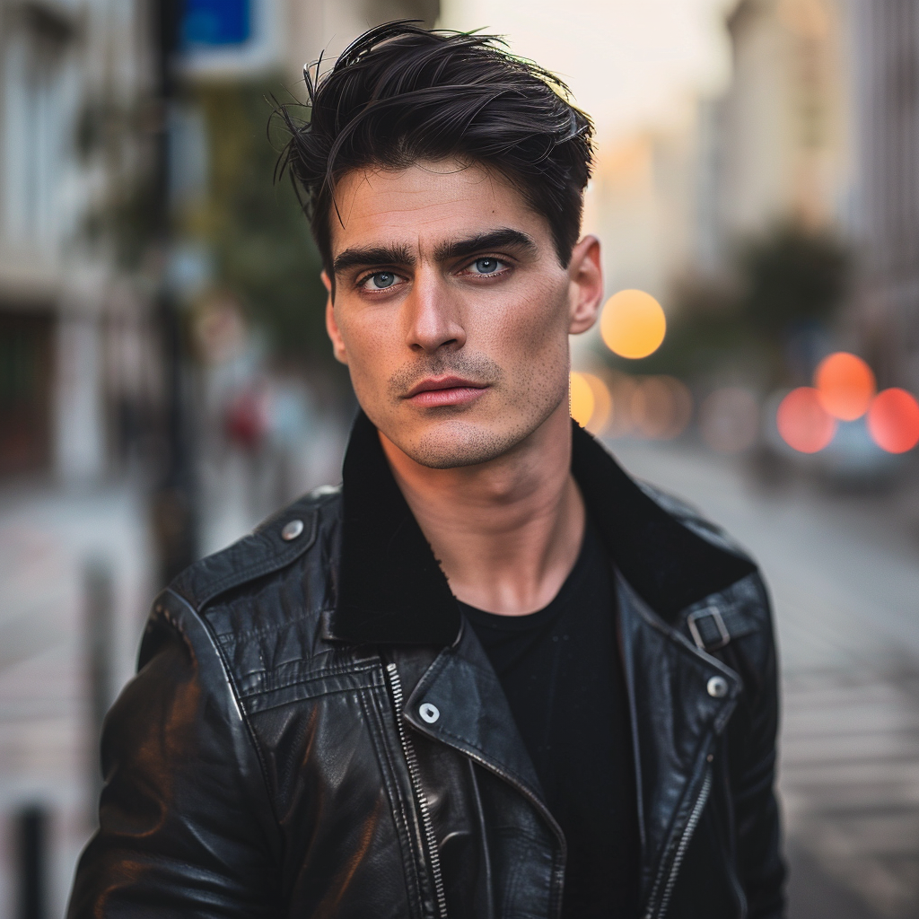 Handsome man in black, standing on street corner