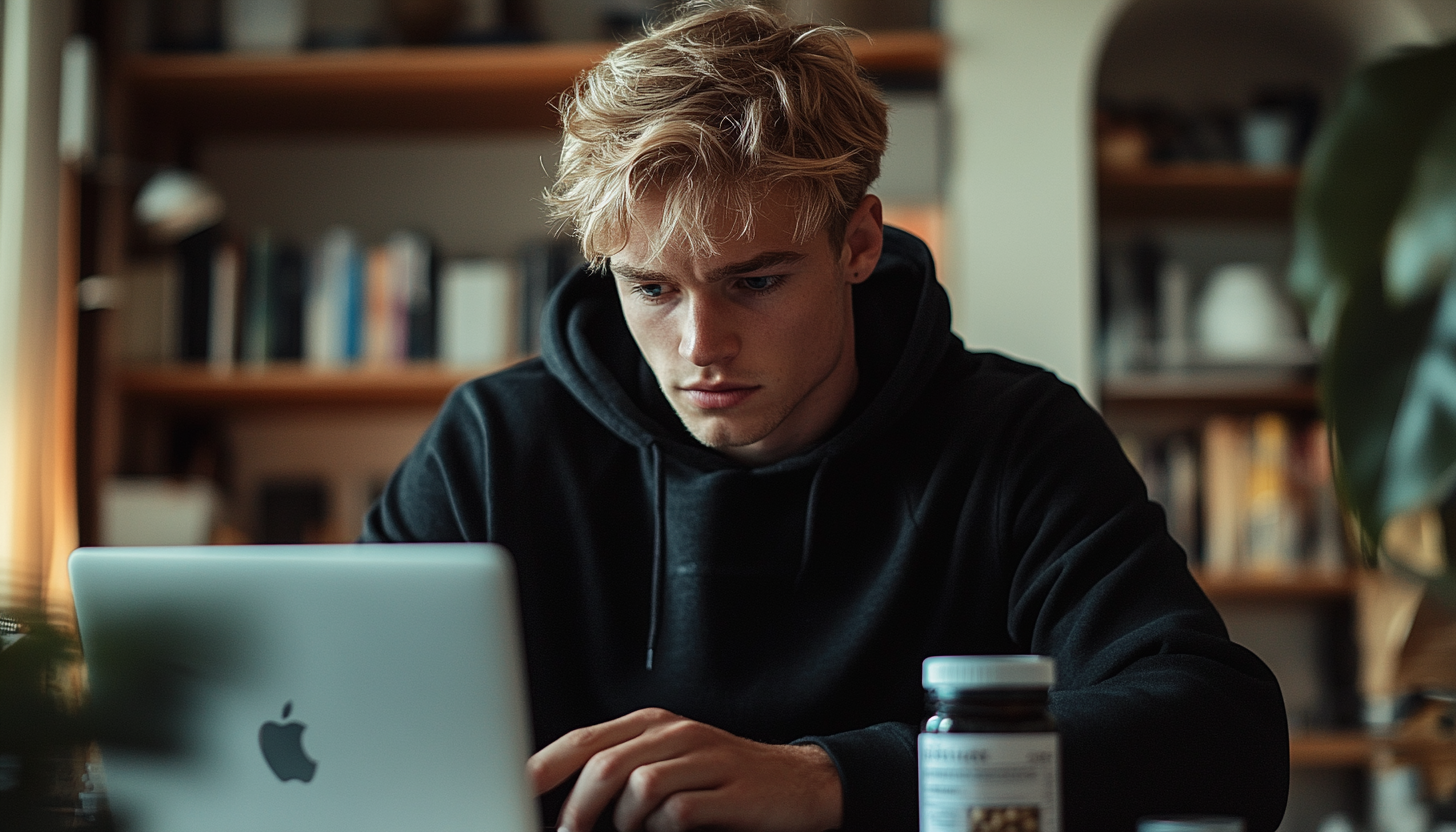 Handsome man in black hoodie at desk with MacBook