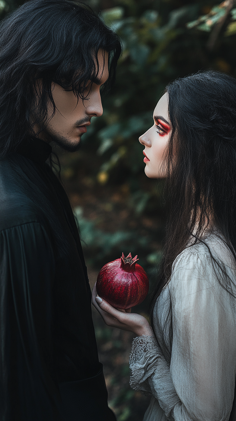 Handsome man in gothic clothes and beautiful woman outdoors.