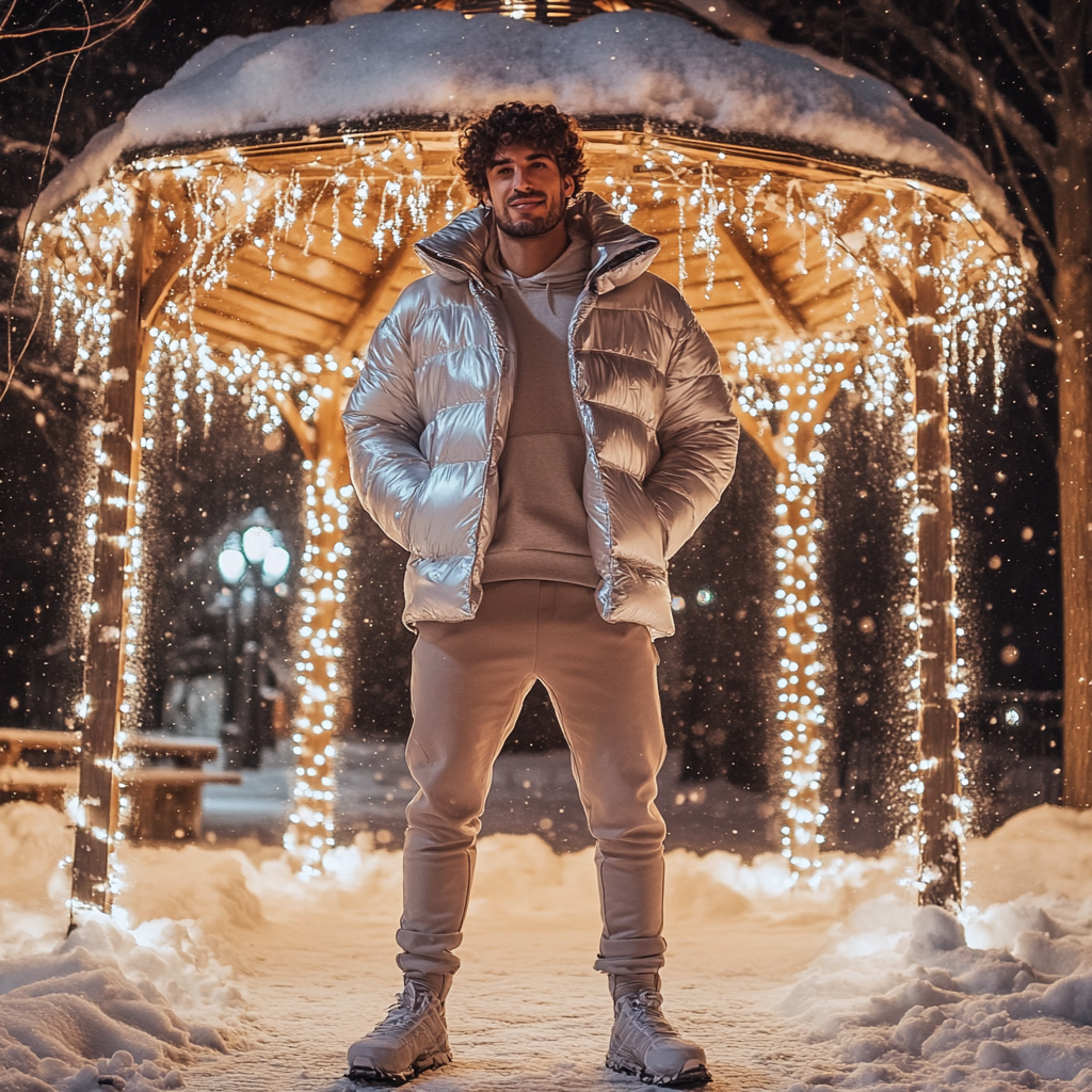 Handsome man in silver coat at snow gazebo.