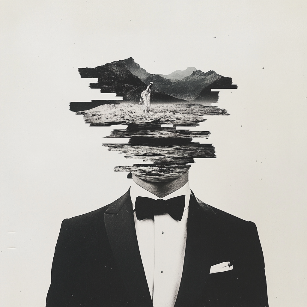 Handsome man in tuxedo, surreal collage, abstract pieces.