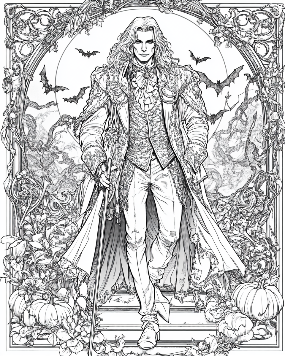 Handsome man in white Count Dracula costume, spooky mansion.