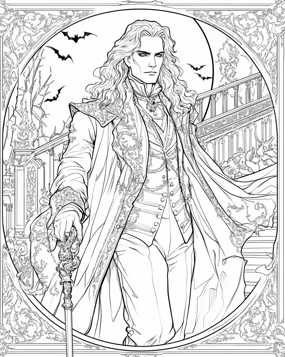 Handsome man in white Count Dracula costume with cane.