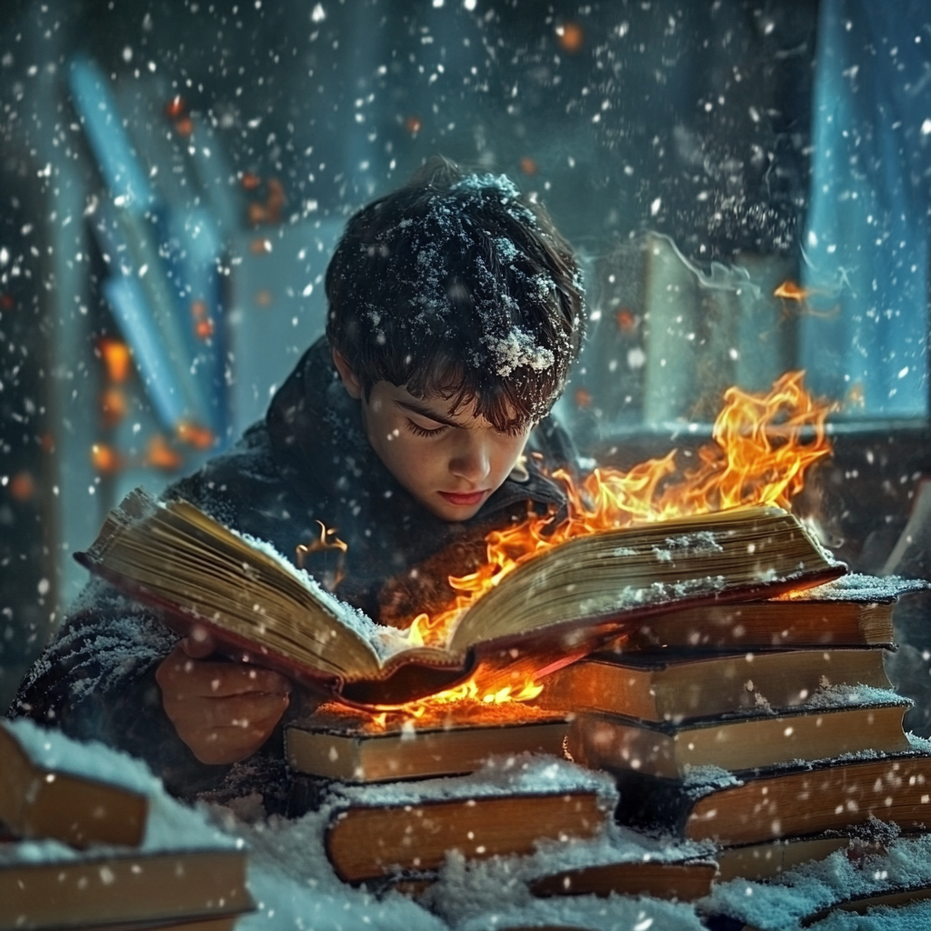 Handsome man warms by fire from burning books