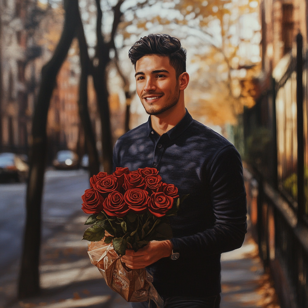 Handsome man with milk chocolate roses for girlfriend in Bronx.