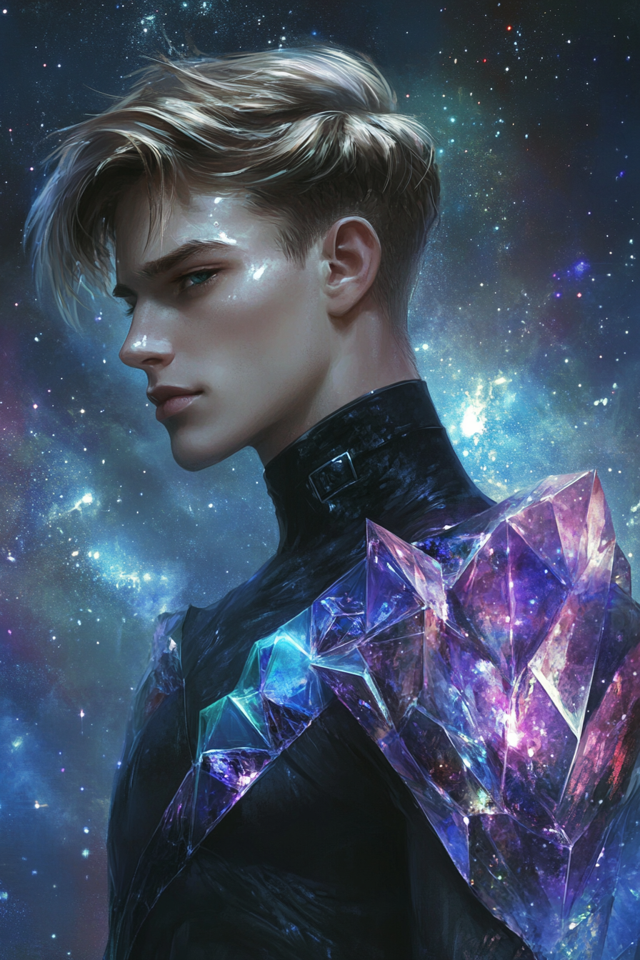 Handsome young man in crystal clothing, galaxy background.