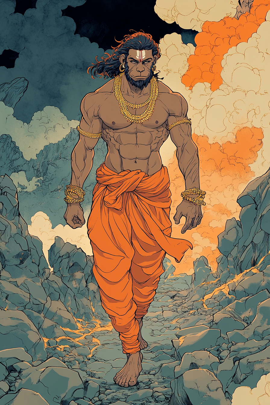 Hanuman struts confidently, surrounded by fiery mountains.