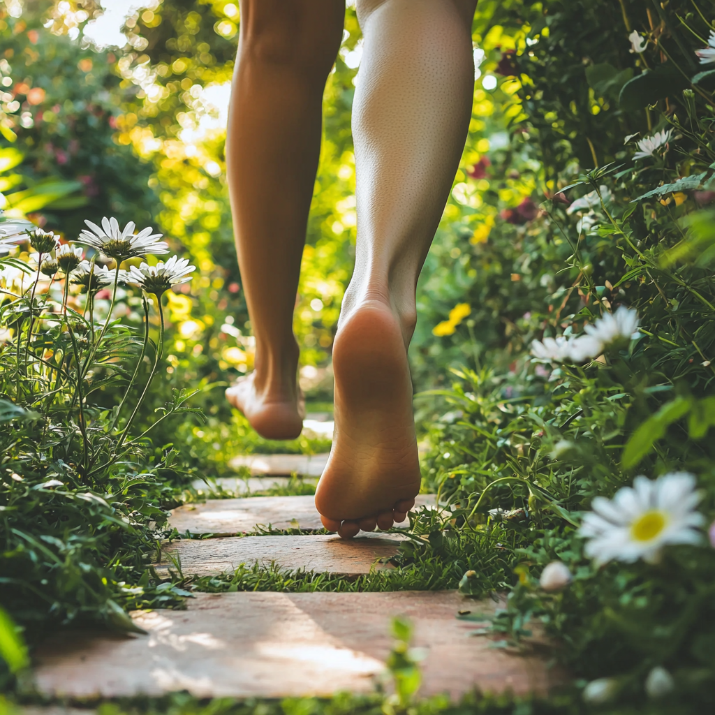 Happily walking barefoot in sunny garden, feeling confident.