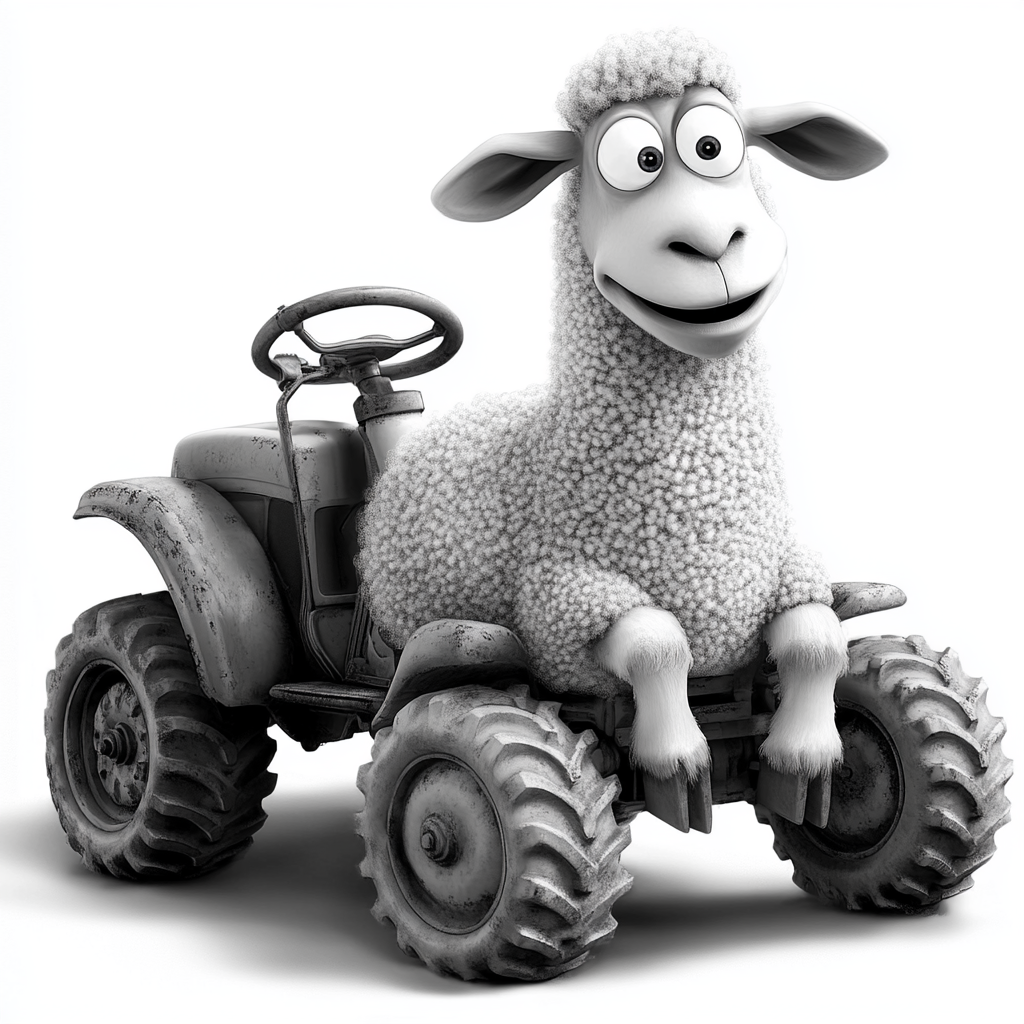 Happy, friendly sheep with four legs in a tractor.