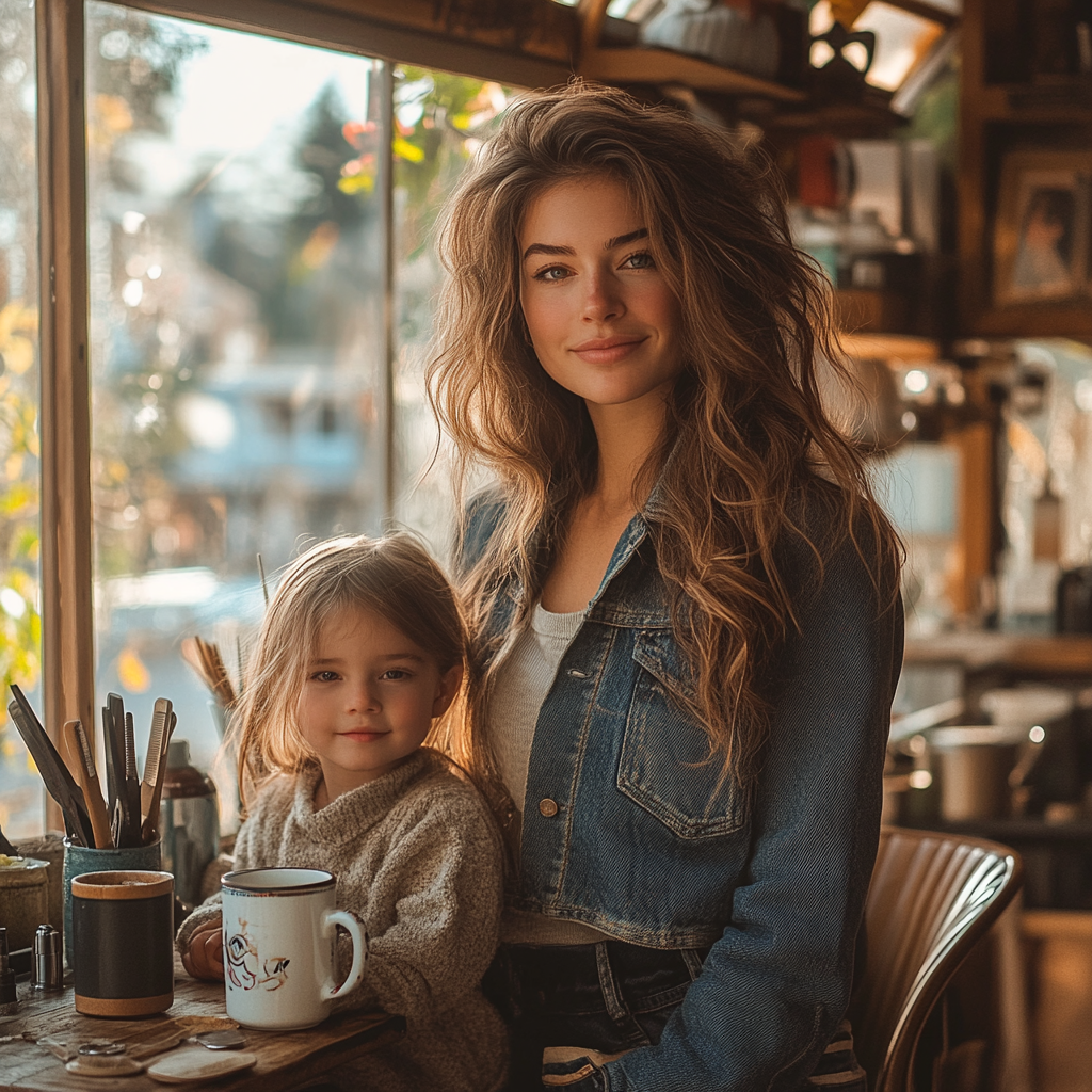 Happy 26-year-old woman in hair salon with child, scissors, tea, town, Canon EOS R camera, 50mm f/1.8 lens, f/2.2 aperture, shutter speed 1/200s, ISO 100.