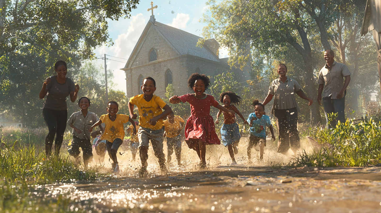 Happy African American Kids Playing At Church 