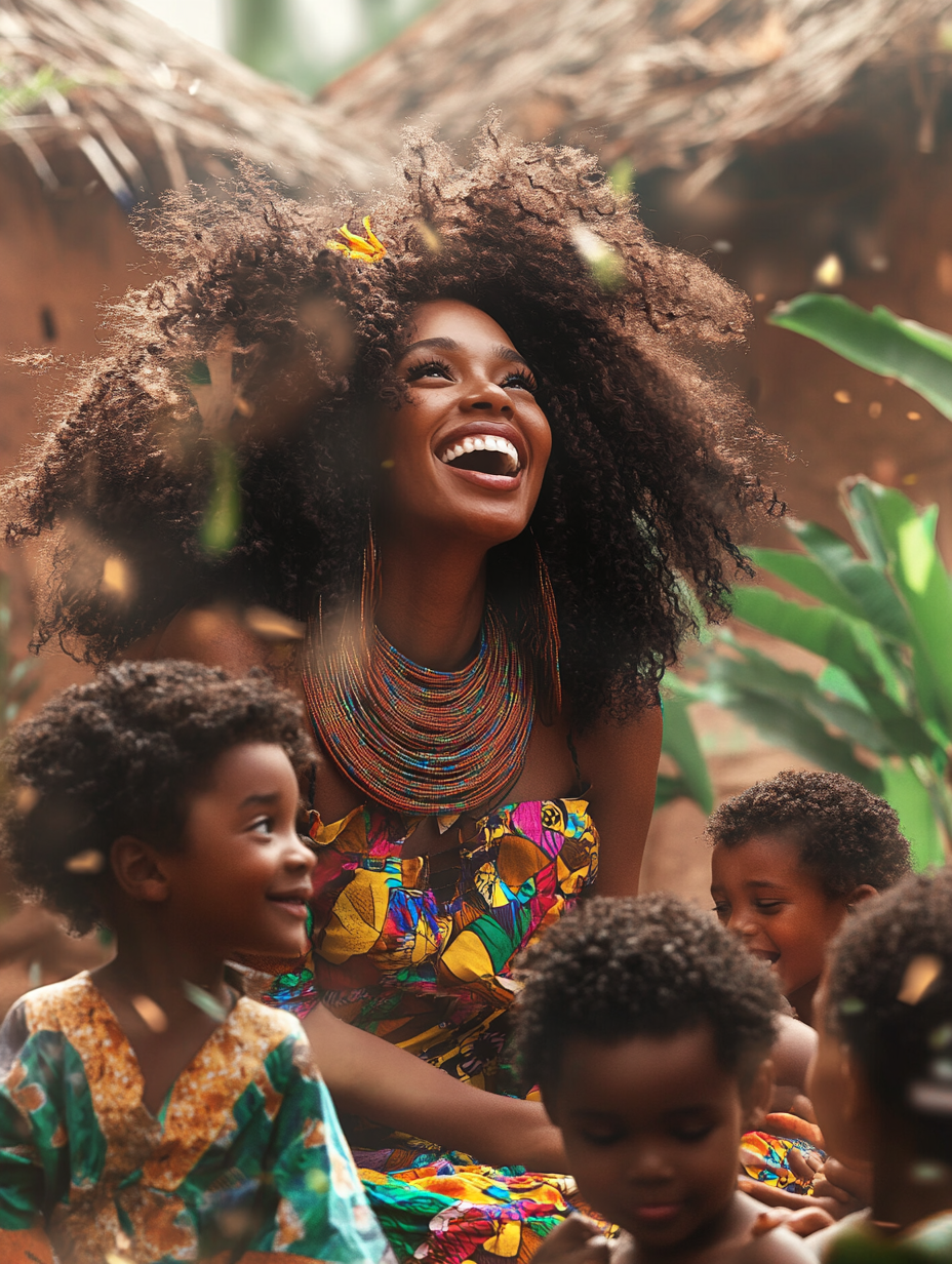 Happy African woman with big hair playing with children.