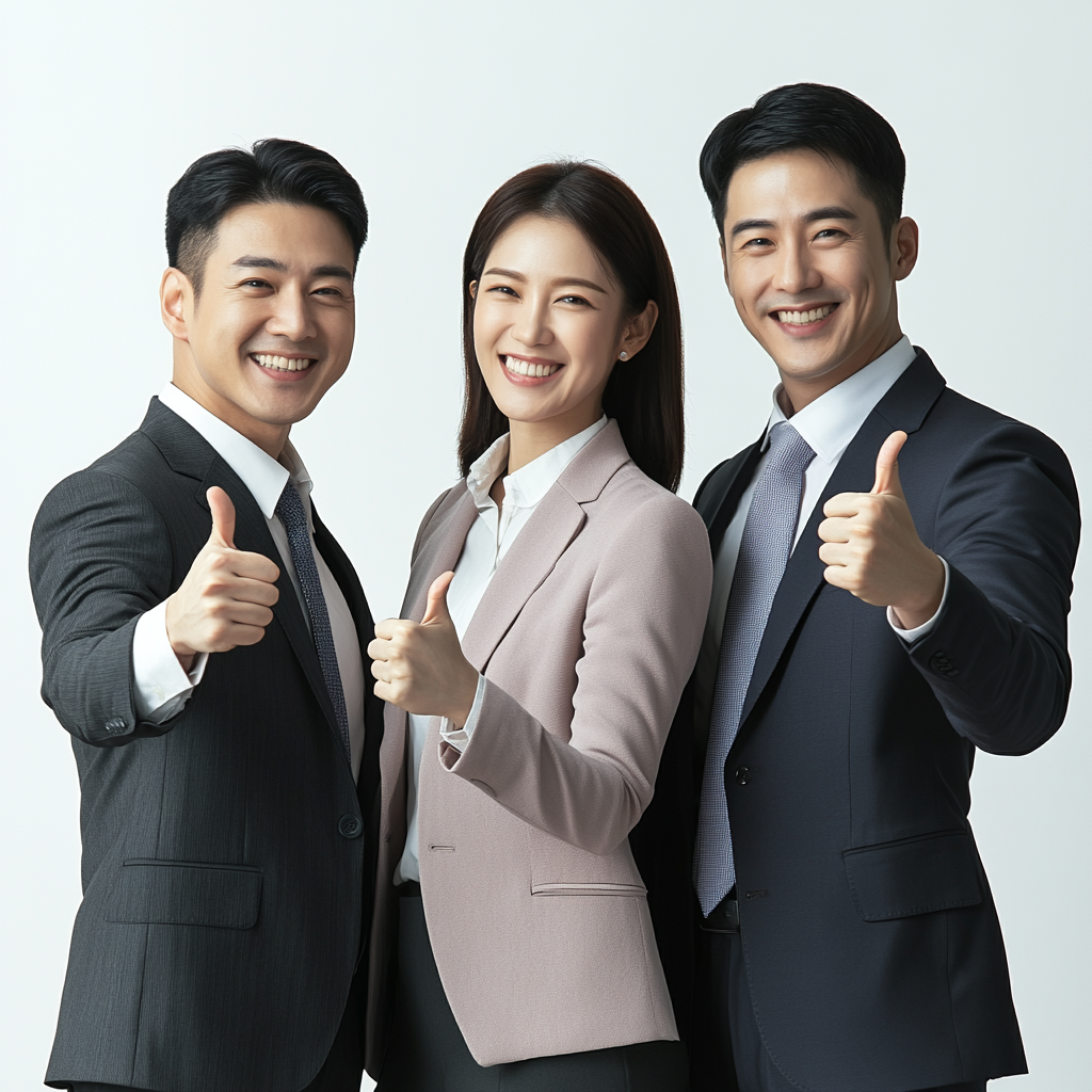 Happy Asian business trio smiling and giving thumbs up.