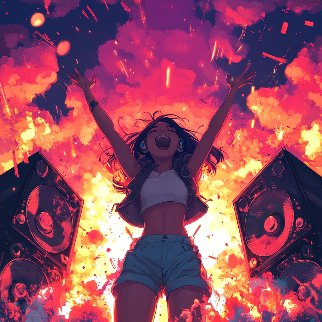 Happy Asian girl in detailed EDM album cover