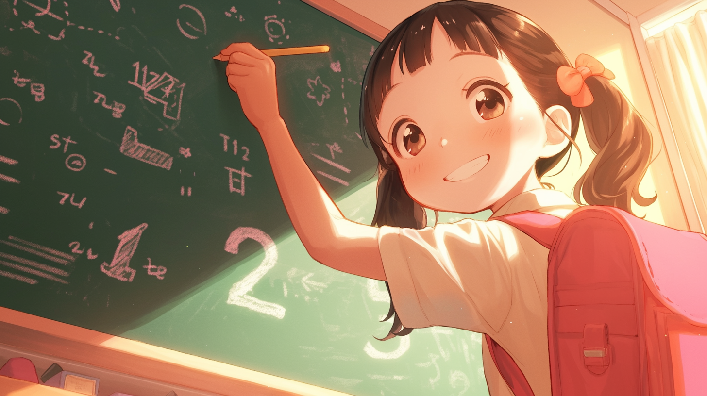 Happy Asian girl solving math problems on chalkboard.