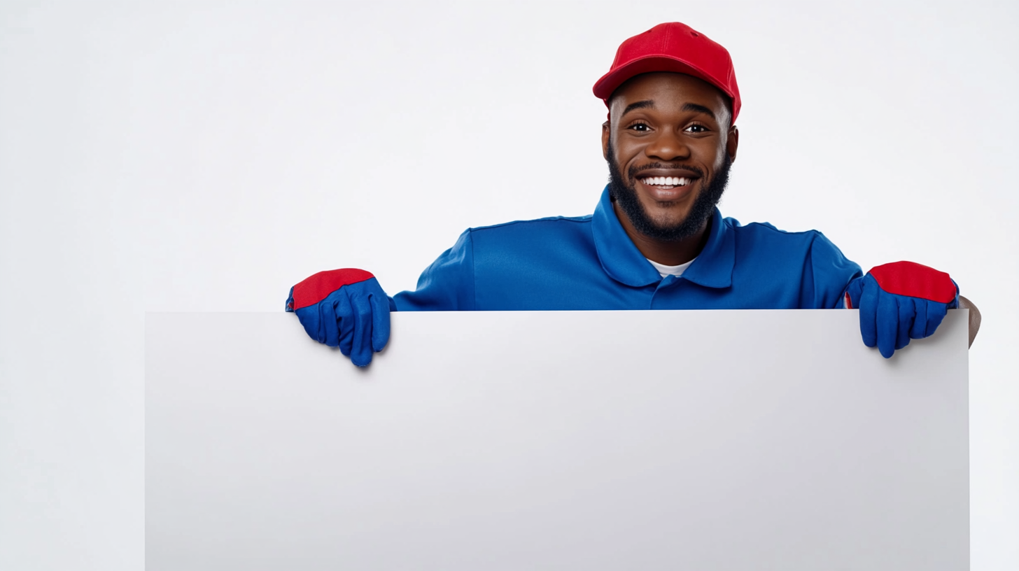 Happy Black mechanic with white banner, modern photography style.