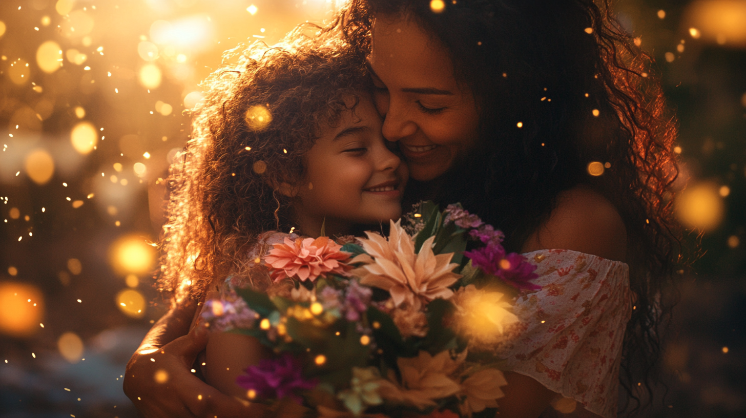 Happy Brazilian mother and daughter embrace with flowers