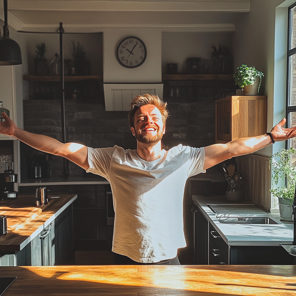 Happy British man in renovated kitchen, opening arms, natural.