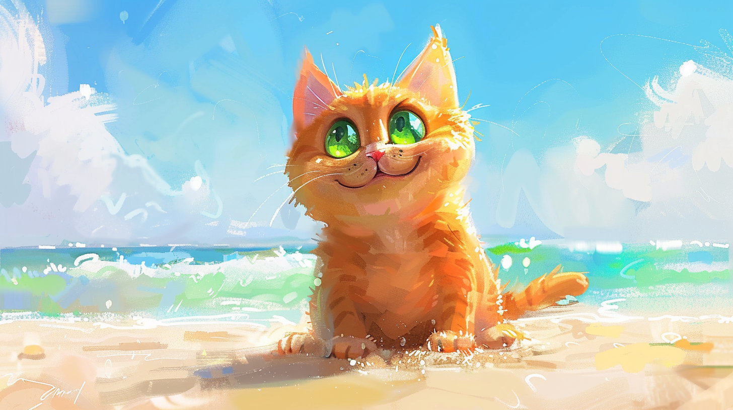 Happy Cat with Big Green Eyes on Beach