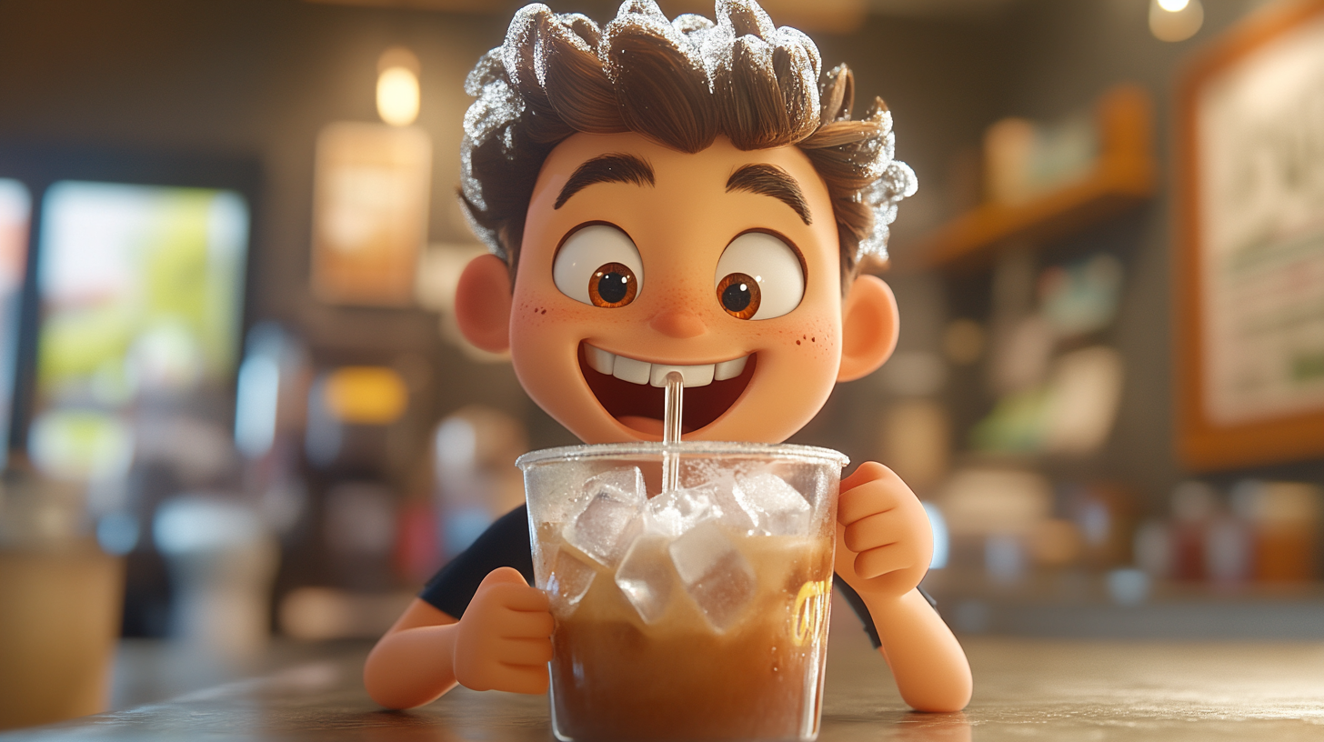 Happy Character Enjoying Iced Americano Drink