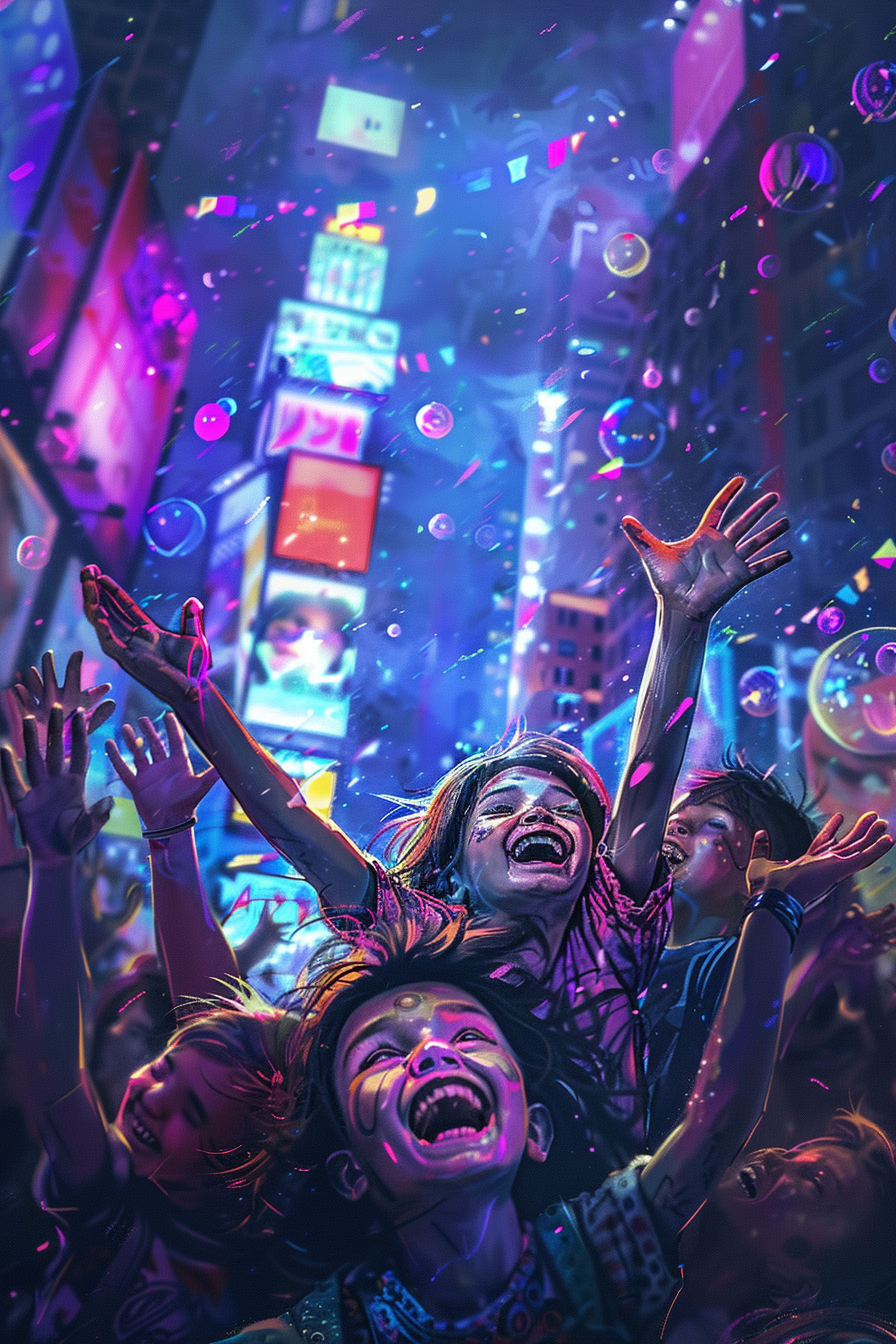 Happy Children Dancing in Cyberpunk City Background Sketch