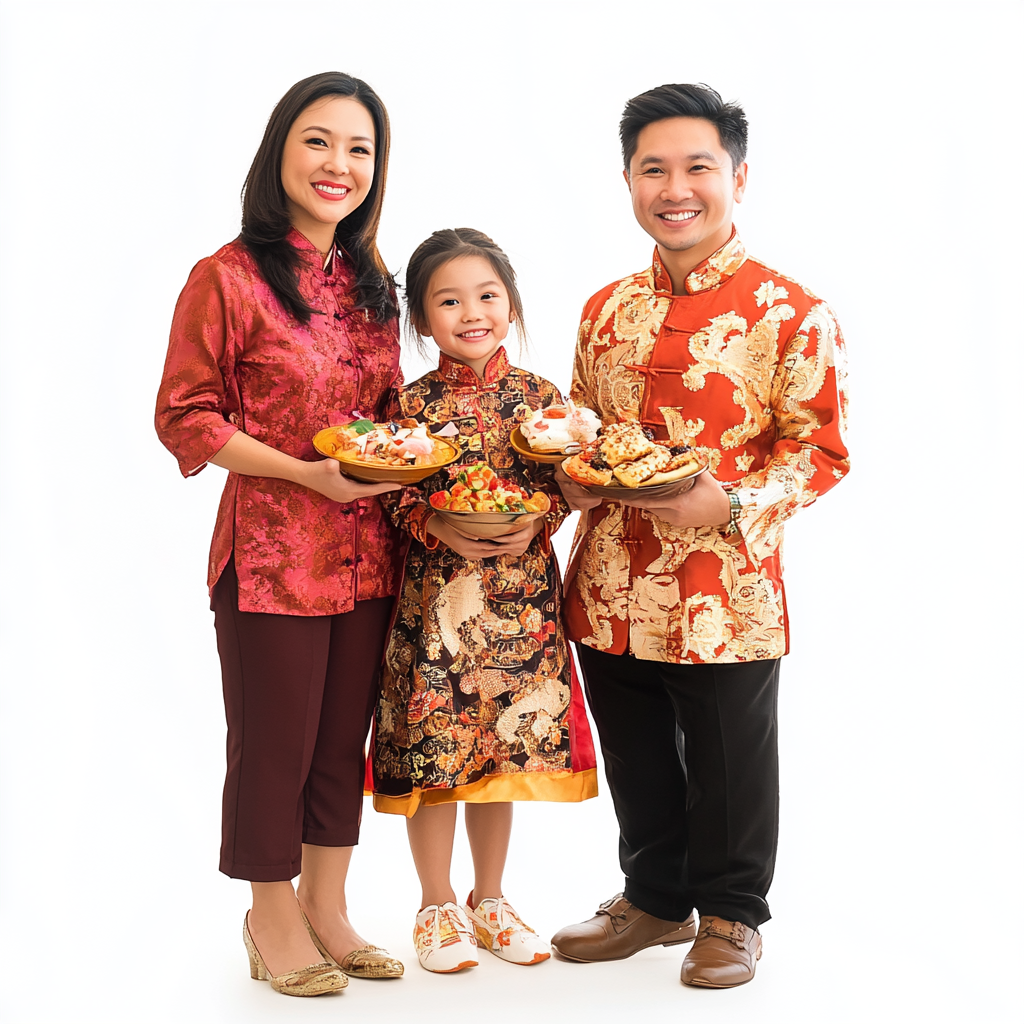 Happy Chinese Filipino family celebrating Chinese New Year with food.