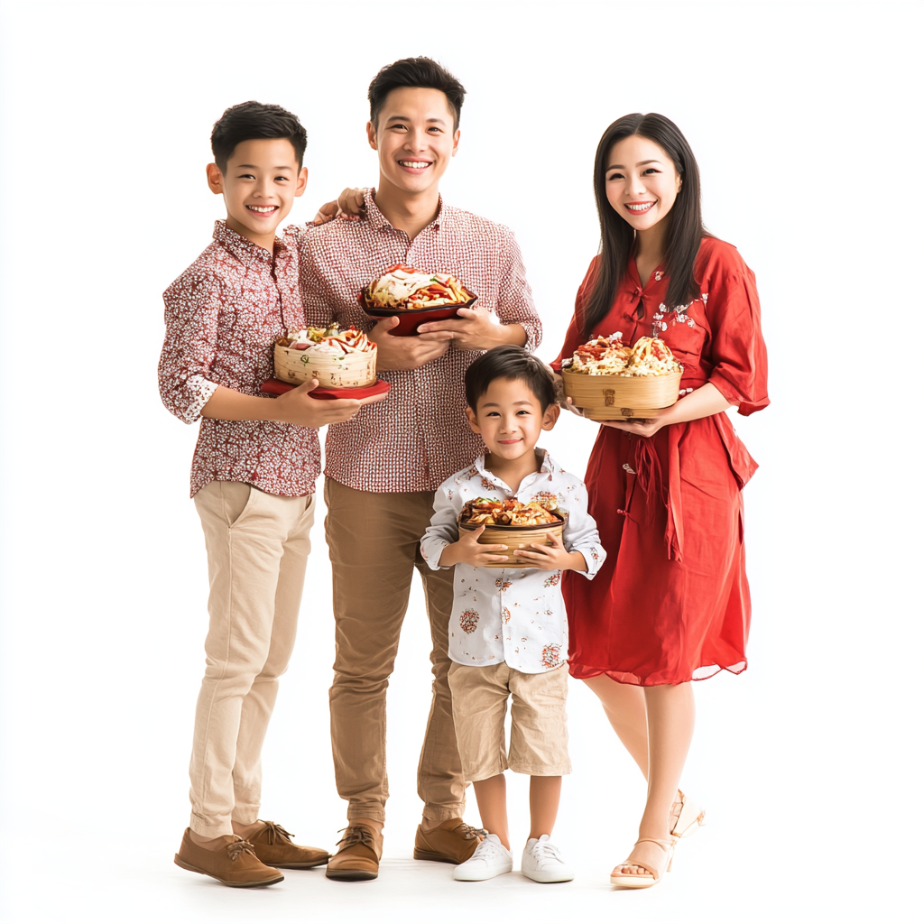 Happy Chinese Filipino family celebrating New Year with food.