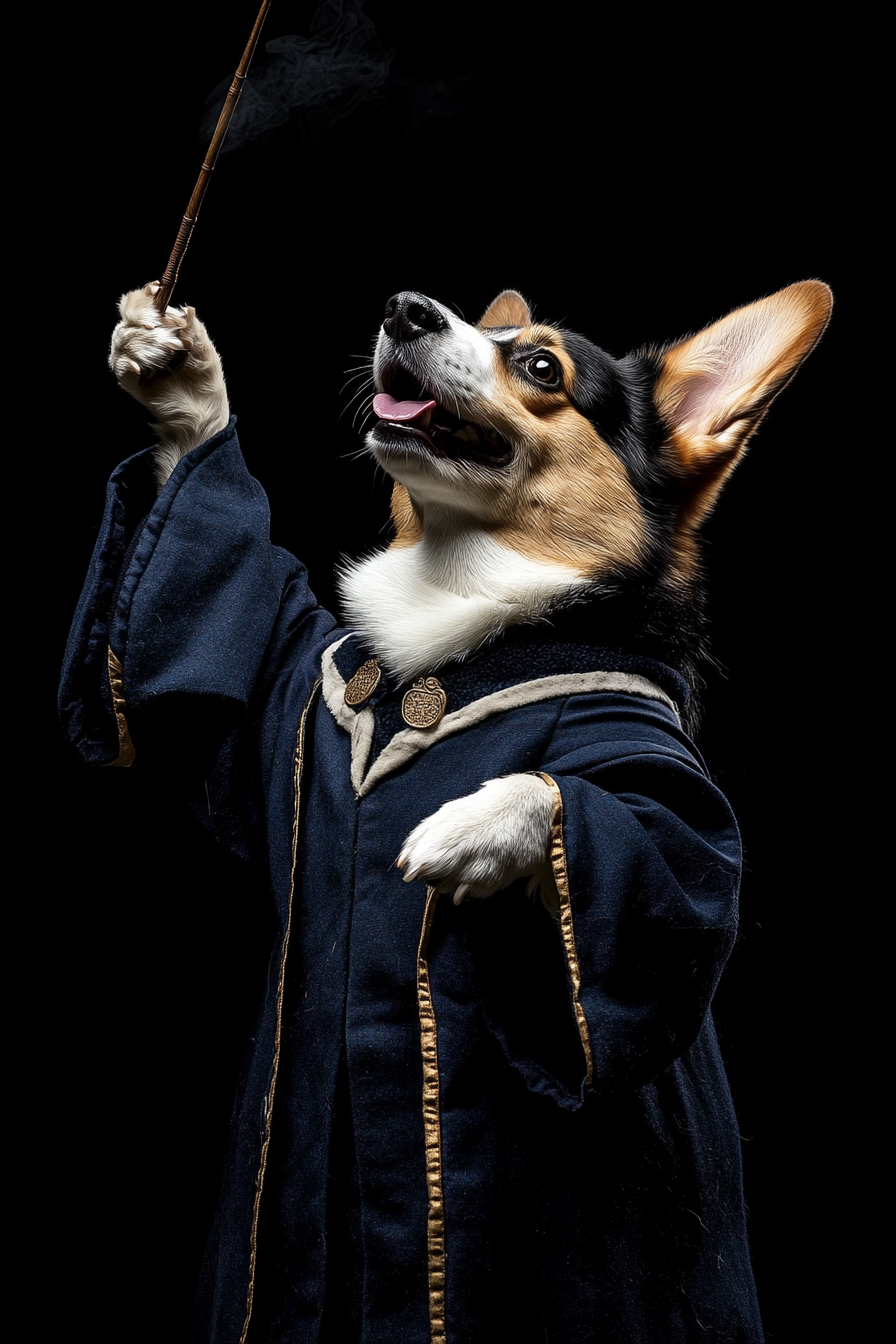 Happy Corgi in Ravenclaw Costume Casting Spell