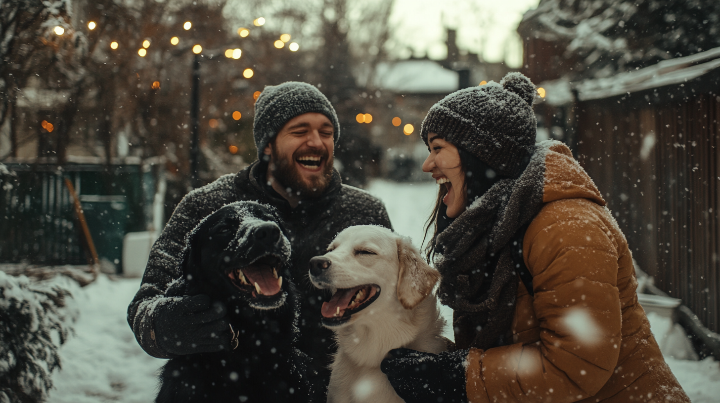 Happy Couple Finds Dogs in Snowy Oslo Garden