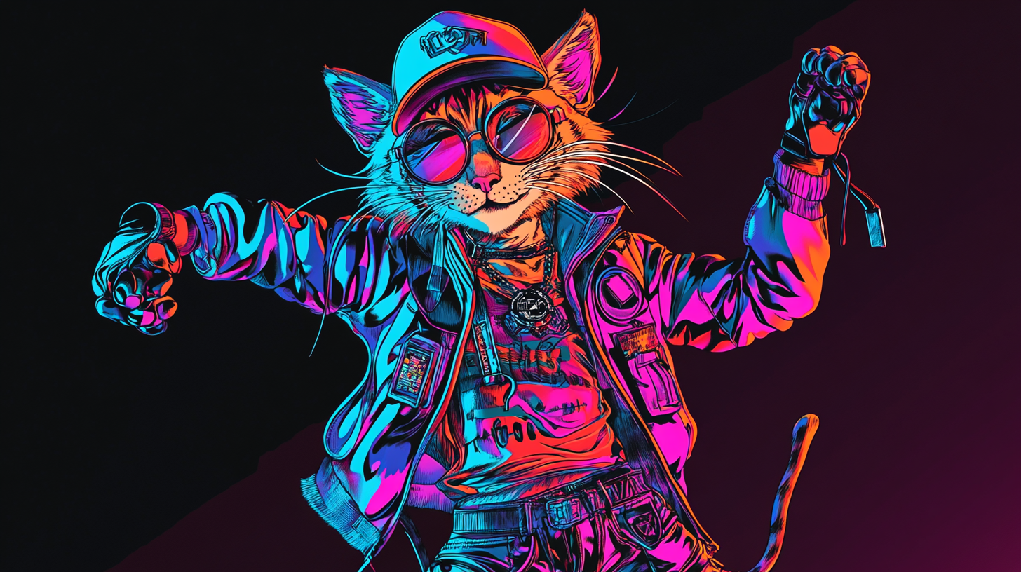 Happy Dancing Teenage Tiger in Cyberpunk Neon Colors