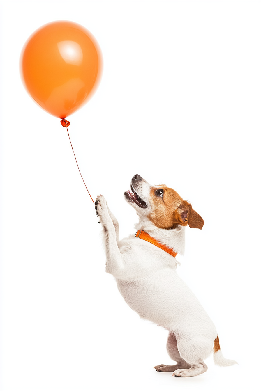 Happy Dog Floats Orange Balloon Upward