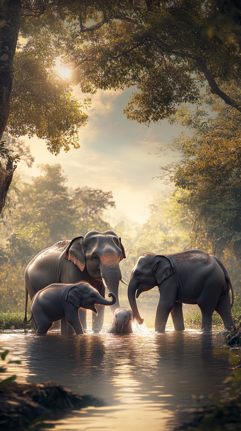 Happy Elephant Family Playing in Wild Lake