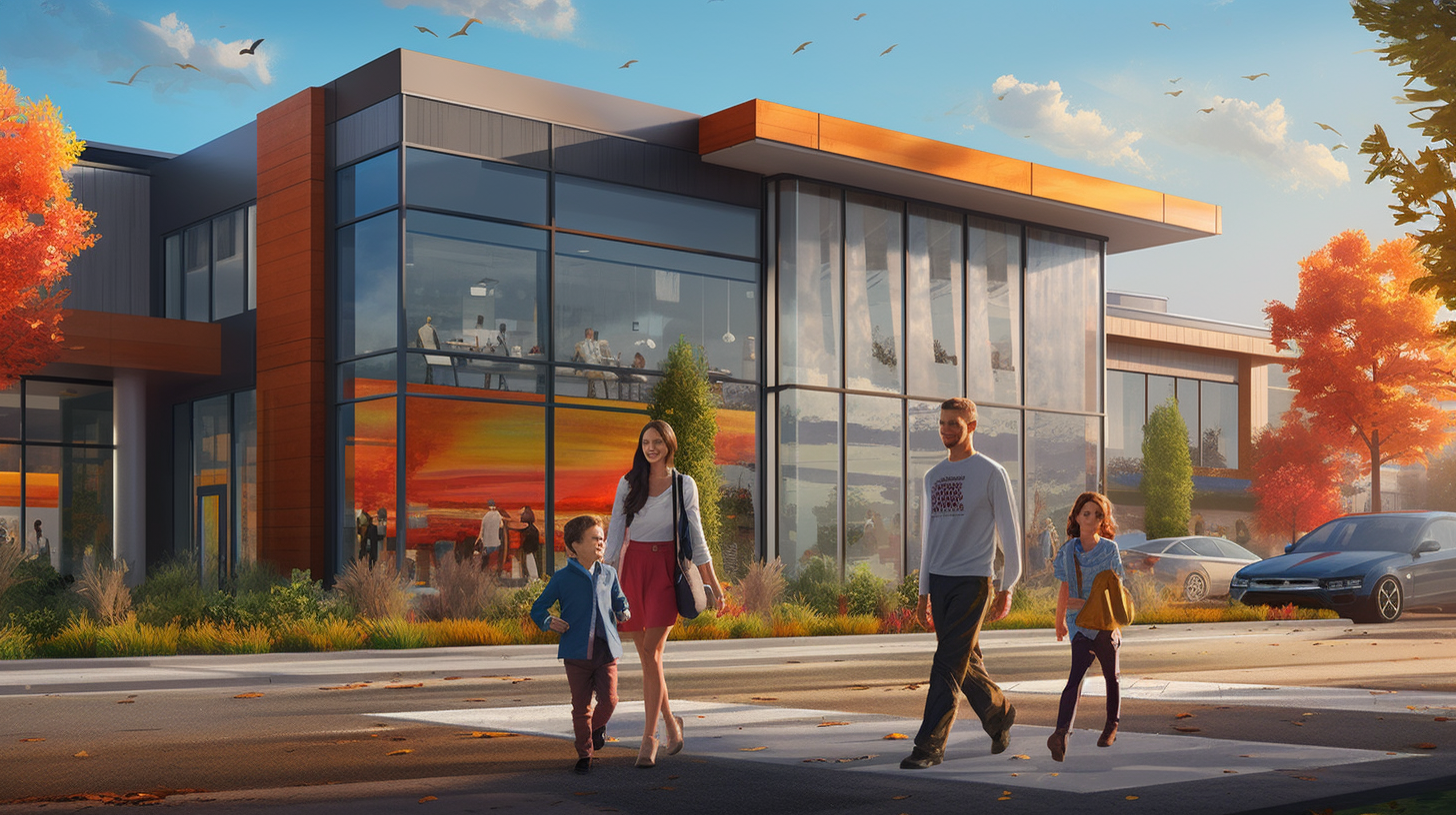 Happy Family Admiring Green, Modern Commercial Building