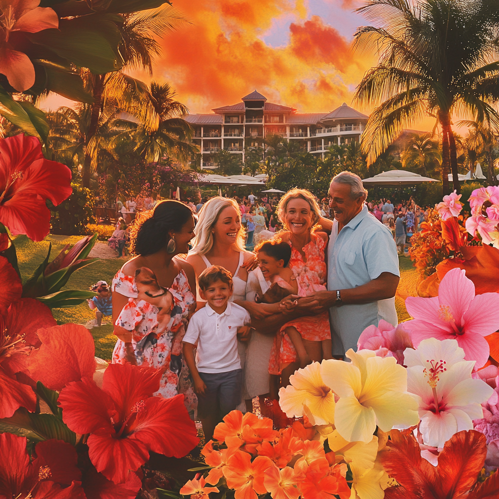 Happy Family Vacation in Hawaii at Sunset