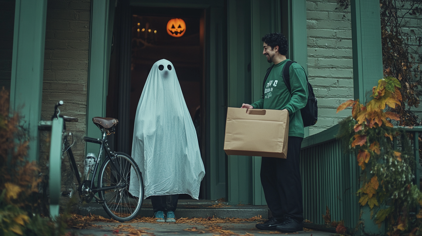 Happy Ghost Receives Halloween Food Delivery